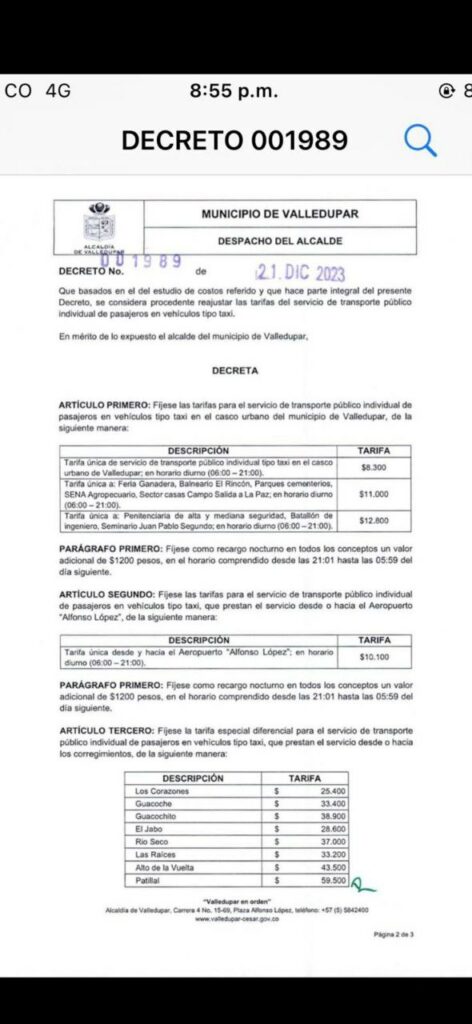 La Alcaldía Municipal de Valledupar publicó, a través de un decreto, los ajustes en las tarifas para el servicio de taxis en la ciudad.